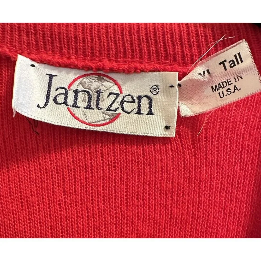 Vintage Jantzen Knit Sweater Red V-Neck Mens Size XL Tall Made In‎ USA